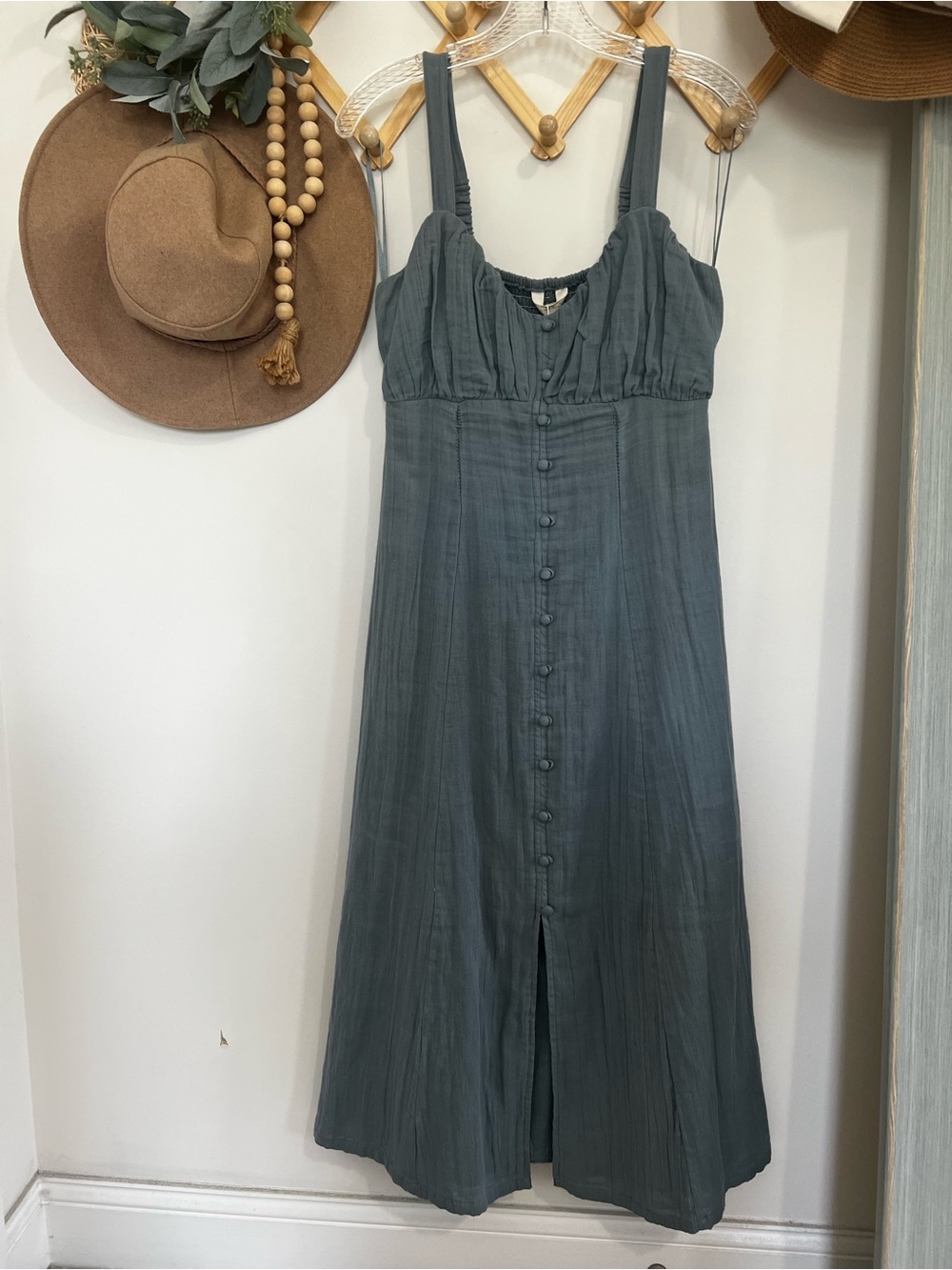 Sim & Sam Dusty Blue Cotton Smocked Midi Dress